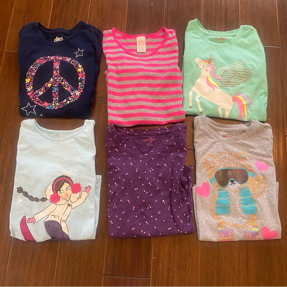 Lot of 6 Girls Long Sleeve Colorful Graphic Shirts - Size Large 10/12